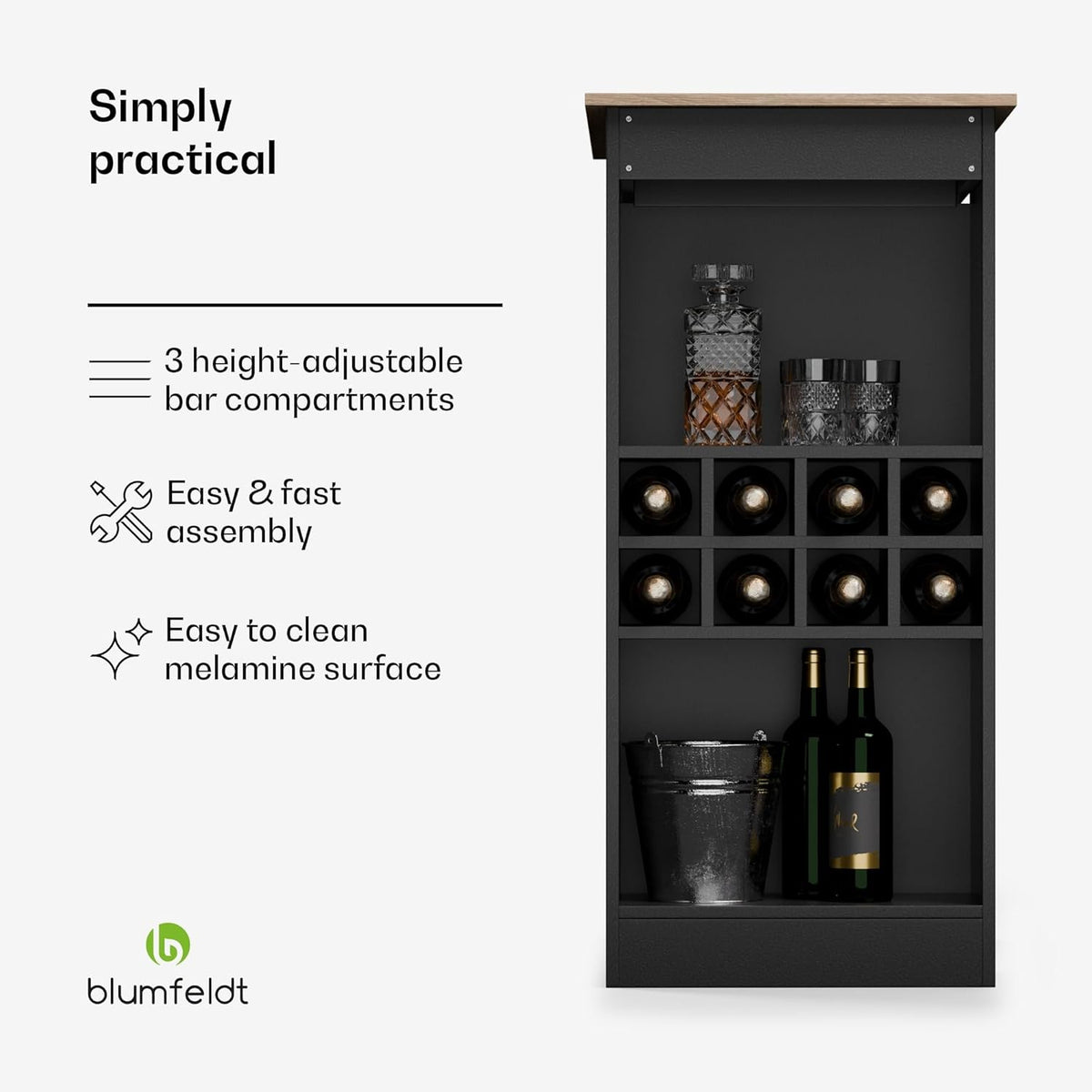 blumfeldt Bar table, standing table for the kitchen, 110 cm solid wood table, bistro & bar standing table rectangular, small wooden bar table, high table with 3 adjustable shelves, melamin coating - QUORE