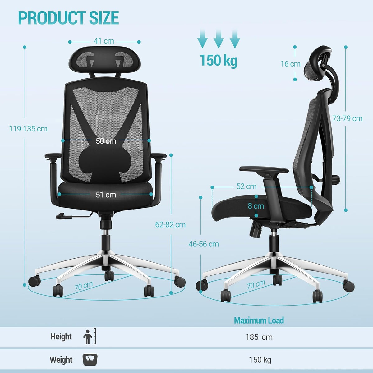 Hzuaneri Ergonomic Office Chair, Computer Chair, Swivel Chair, with Adjustable Lumbar Support, Headrest and Armrests, Back Protection, Maximum Load Capacity 150 kg, Black ON00299B