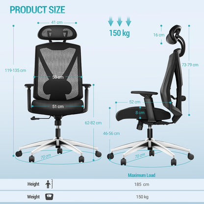 Hzuaneri Ergonomic Office Chair, Computer Chair, Swivel Chair, with Adjustable Lumbar Support, Headrest and Armrests, Back Protection, Maximum Load Capacity 150 kg, Black ON00299B