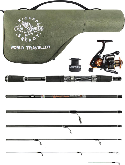 World Traveller Travel Hengel Reel & Case Set. Compact 6 secties 2 Tips. 215cm 7' + 1.9cm 6' 1" Nano-Carbon Hengel Opties. Spin aas Karper Snoek Zee Vissen
