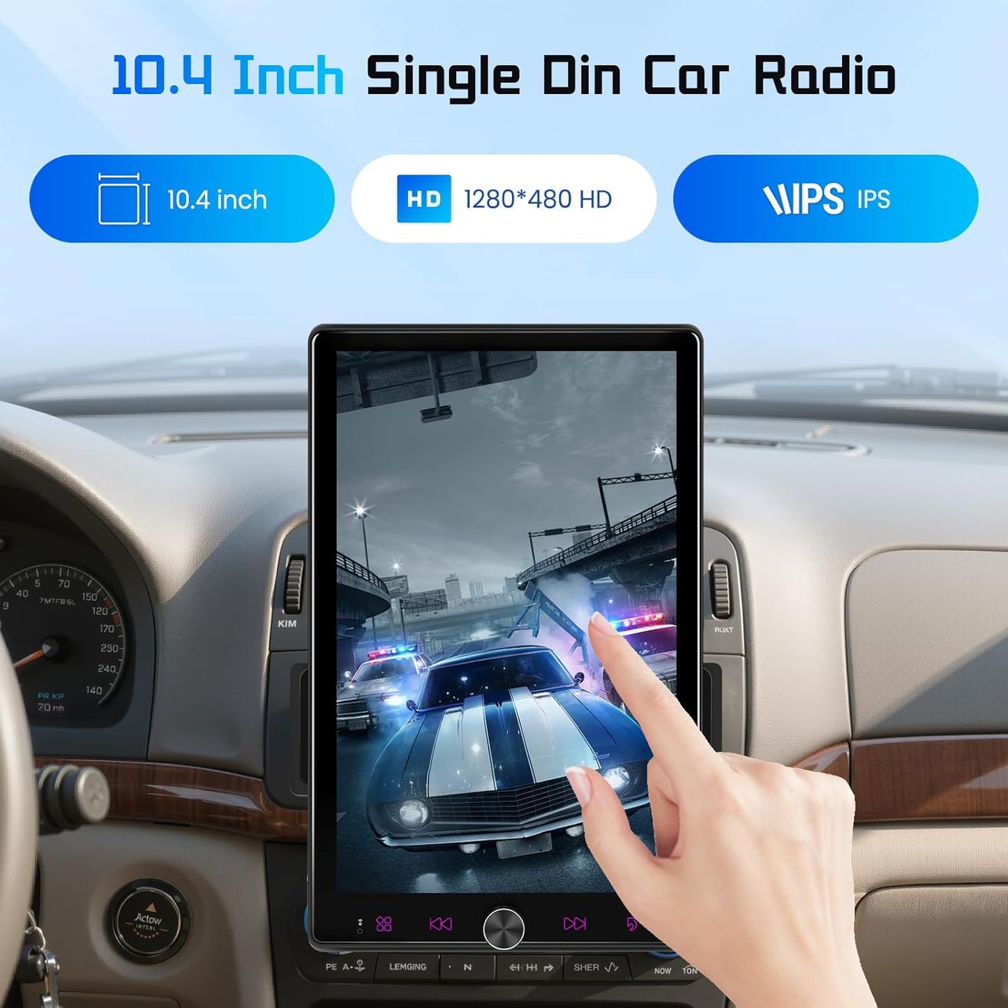 Autoradio, 1 Din met Carplay Android auto, draadloos touchscreen, draaibaar, 10,4 inch stereo, auto, bluetooth radio, FM-spiegel, Link 2 USB-camera