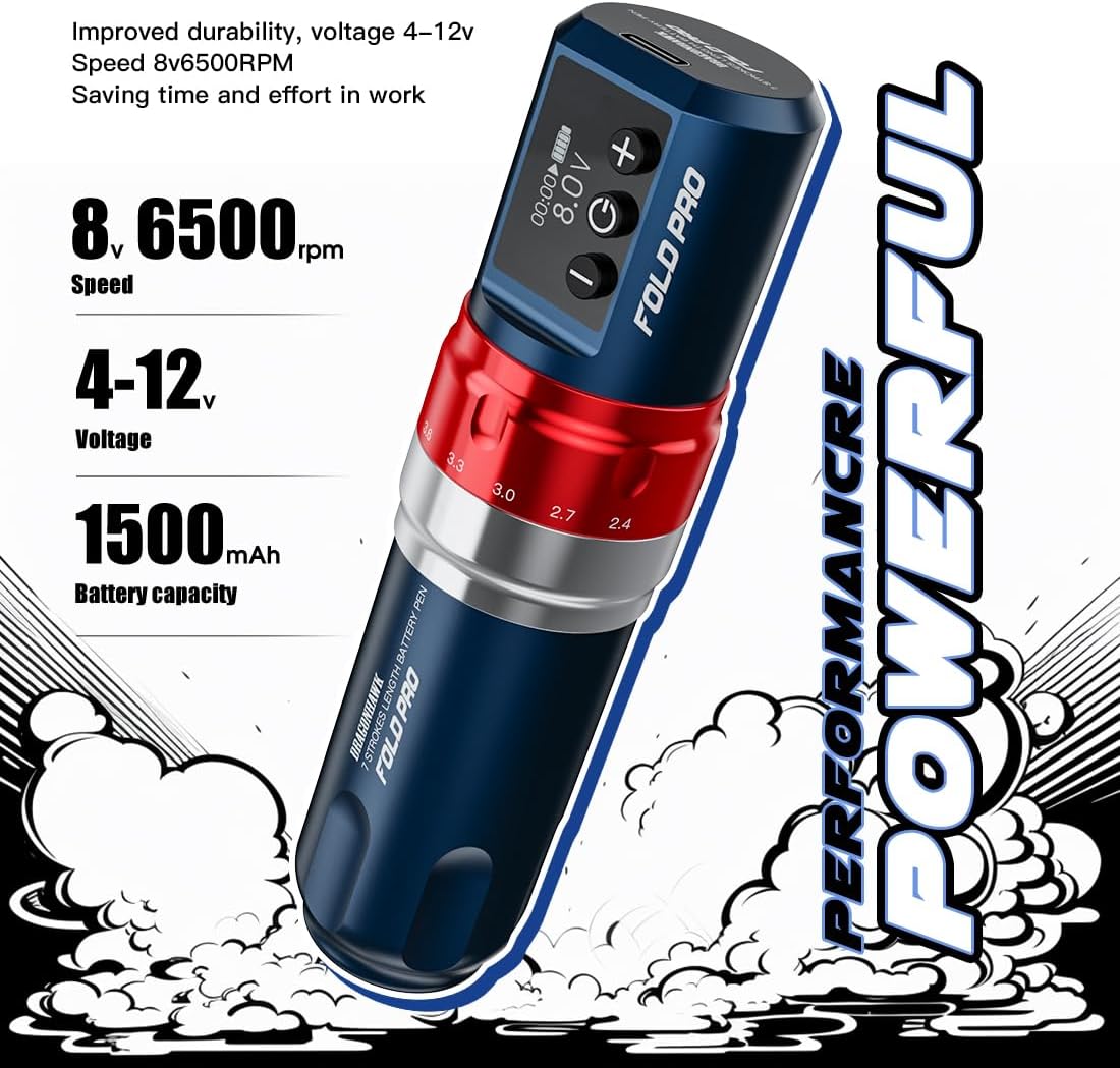 Dragonhawk Fold Pro Wireless Tattoo Maschine Pen Battery Tattoo Pen Rotary Pen Maschine with Battery Adjust Stroke Length 2.4 to 4.2mm (BLUE)