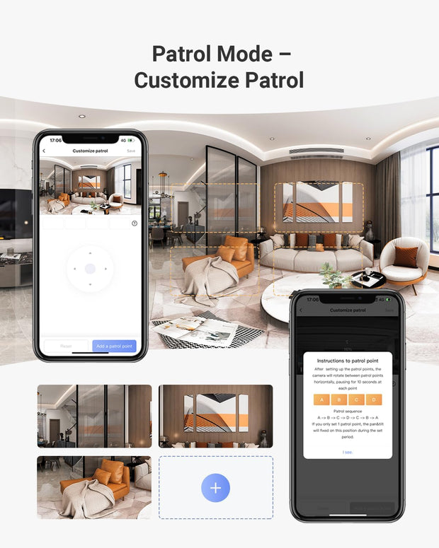 Beveiligingscamera - WiFi-bewakingscamera - Camerabewaking - met 360° - Dubbele Lens - 2K - 4MP+4 MP - Automatische Tracking - Persoons - Dierdetectie - Tweewegaudio - 10m Nachtzicht Patrouille - Privacymodus - voor Binnen - Wit