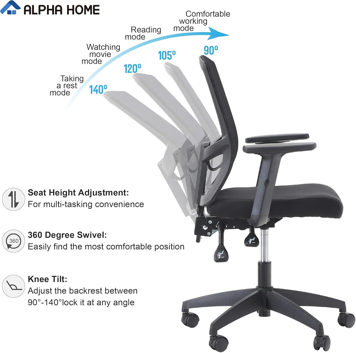 ALPHA HOME Bureaustoel, ergonomisch, in hoogte verstelbaar, draaistoel, computerbureaustoel met verstelbare lendensteun, armleuning, kantelfunctie, tot 160 kg belastbaar