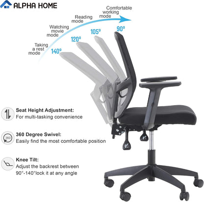 ALPHA HOME Bureaustoel, ergonomisch, in hoogte verstelbaar, draaistoel, computerbureaustoel met verstelbare lendensteun, armleuning, kantelfunctie, tot 160 kg belastbaar