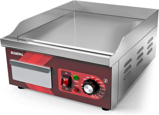 EGGKITPO Elektrische grillplaat, 35,6 cm, platte anti-aanbakgrill voor commercieel elektrisch werkblad van roestvrij staal, instelbare temperatuurregeling van 100 °F tot 900 °F voor thuisgebruik