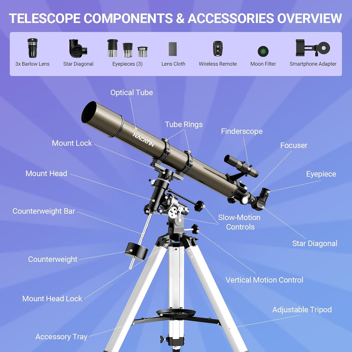 1000-90mm Astronomische refractor telescoop met Equatoriale Montage en Statief