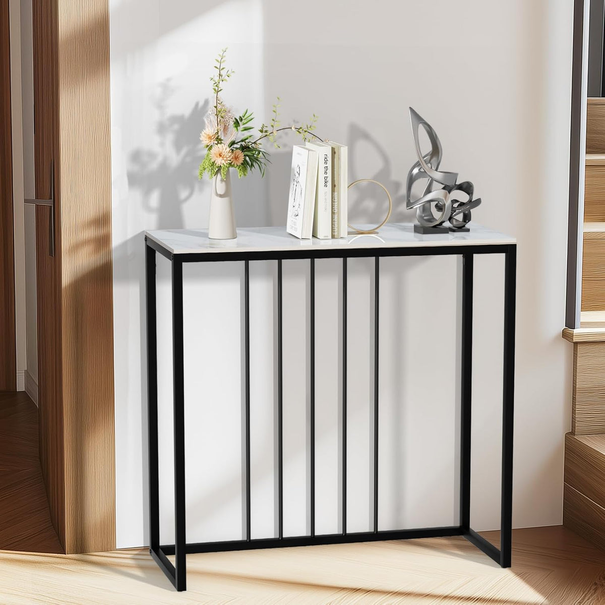 FATIVO Consoletafel van marmeren ingang: gladde gefrituurde stenen woonkamerconsoletafel 80 × 30 × 78,5 cm modern wit entree meubel, zwart frame, Scandinavisch design bankpunt – jade wit