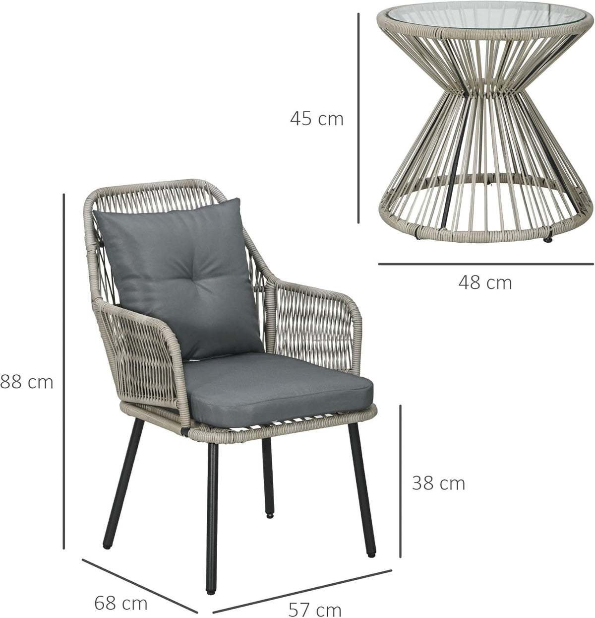 Outsunny Tuinmeubel, bistroset, 3-delig, stalen frame, 2 stoelen + 1 ronde salontafel, kussens, grijs