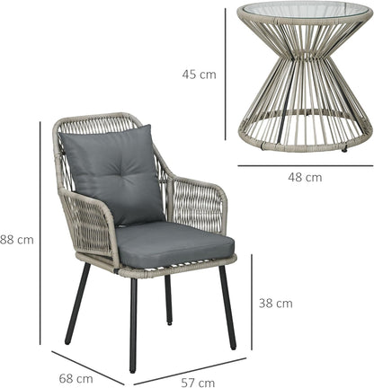 Outsunny Tuinmeubel, bistroset, 3-delig, stalen frame, 2 stoelen + 1 ronde salontafel, kussens, grijs