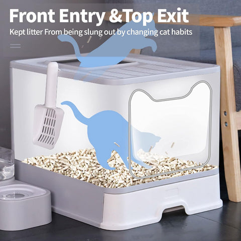 Kattenbak - Kattenbakvulling - Kattentoilet - Opvouwbare - met Deksel -  Inc. Scoop - Veer Teaser - Kam - Siliconen Borstel - voor Huisdieren - Gemakkelijk te Reinigen - 41 x 41 x 51 cm - Grijs
