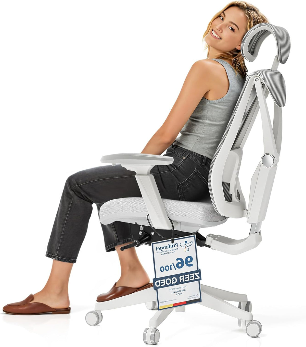 Desktronic Adjustable Ergonomic Office Chair, Office Chair with Lumbar Support, Back-Friendly, Computer Chair, Height Adjustable and Back-Friendly, Wide Upholstery, Grey - QUORE