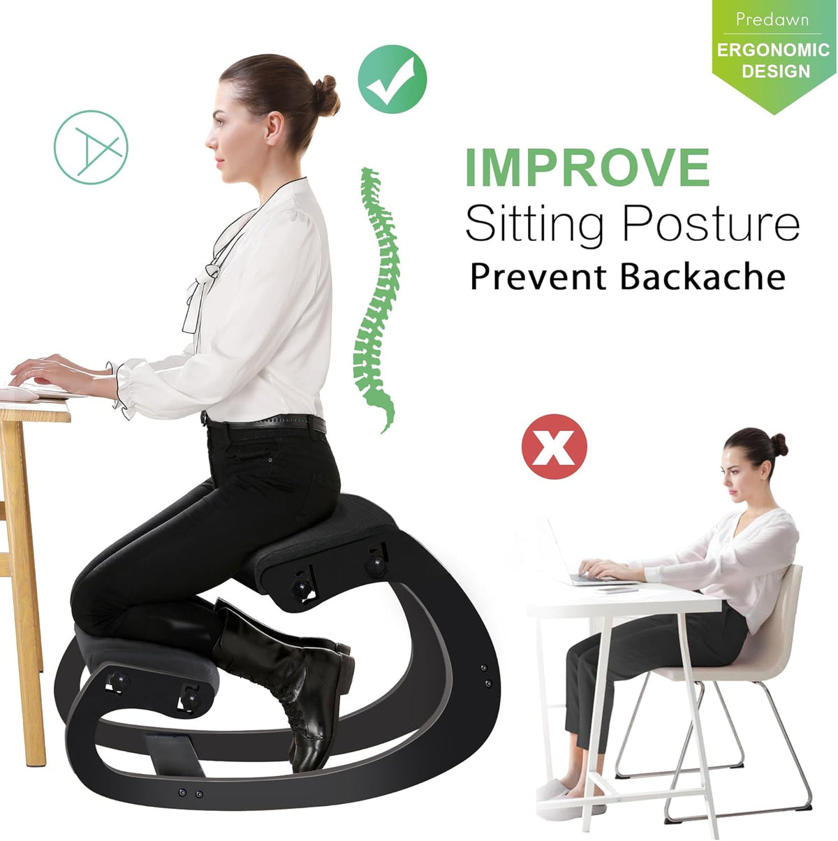 Predawn Ergonomische kniestoel voor zitcorrectie, kniekruk, kruk voor thuis, meditatie, houten en linnen kussen, rugpijn, nekpijn, verlichting en lichaamshouding (zwart)