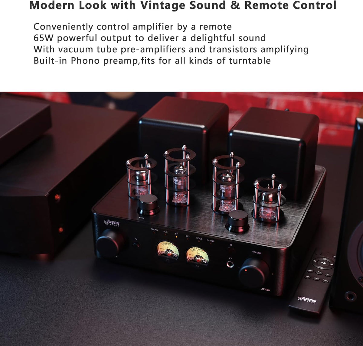 JTA50 2025 130 W buisversterker, hifi-versterker van instapklasse met BT 5.0, afstandsbediening, AUX, coax, phono en USB-ingang, subwoofer-uitgang, 2.1-kanaal voor platenspeler
