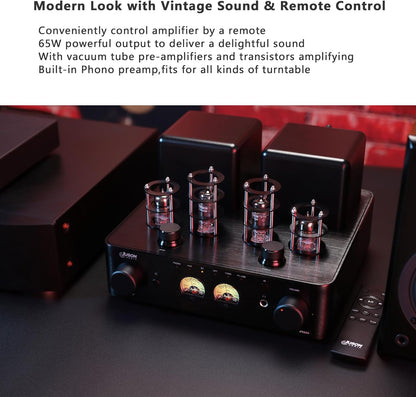 JTA50 2025 130 W buisversterker, hifi-versterker van instapklasse met BT 5.0, afstandsbediening, AUX, coax, phono en USB-ingang, subwoofer-uitgang, 2.1-kanaal voor platenspeler