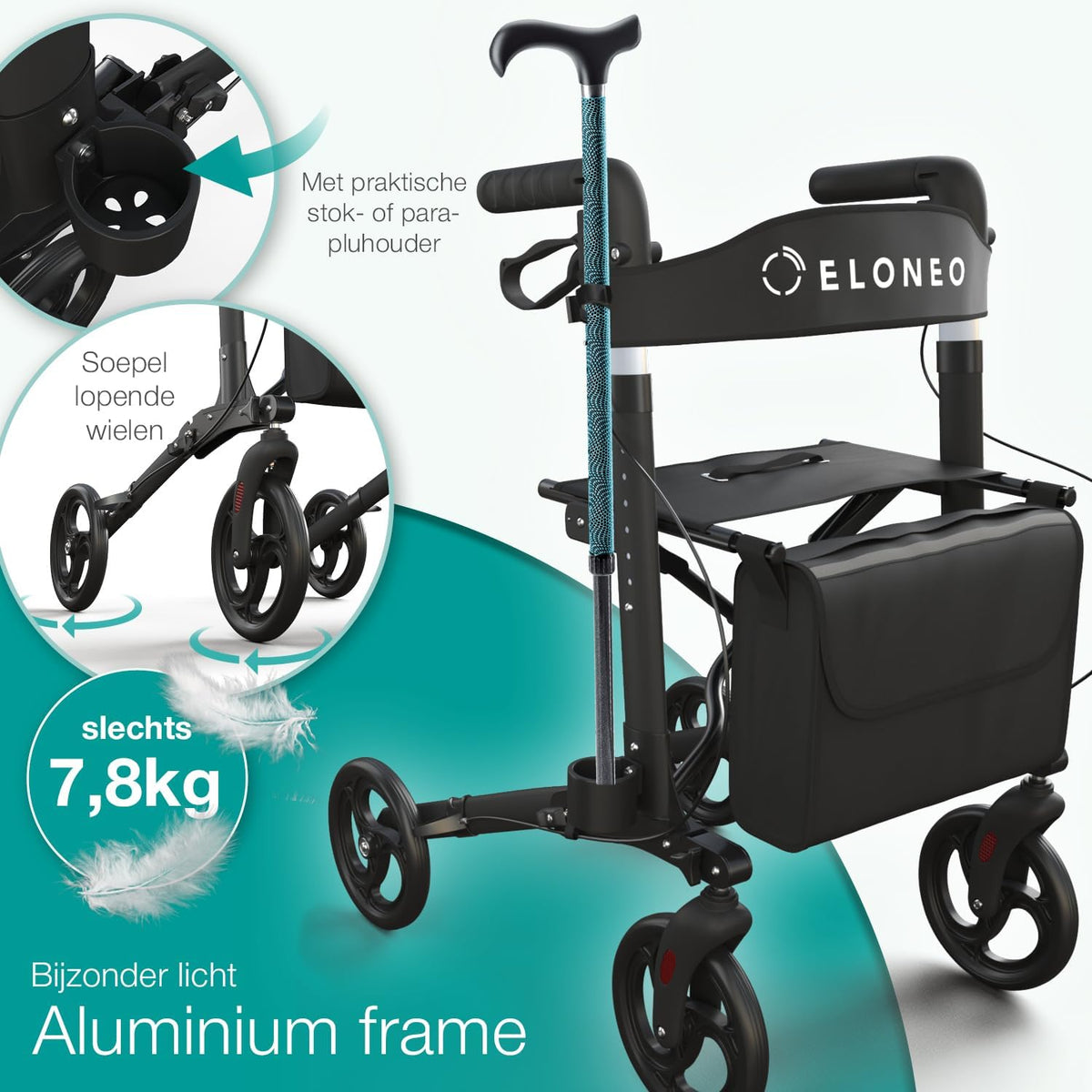 ELONEO Lichtgewicht Rollator met Zitje - Opvouwbare Aluminium Rollator voor Senioren, 8 Verstelbare Hoogtes, 3-voudig Opvouwbaar Loophulpmiddel met Tas & Parapluhouder, Past in Auto (Zwart)