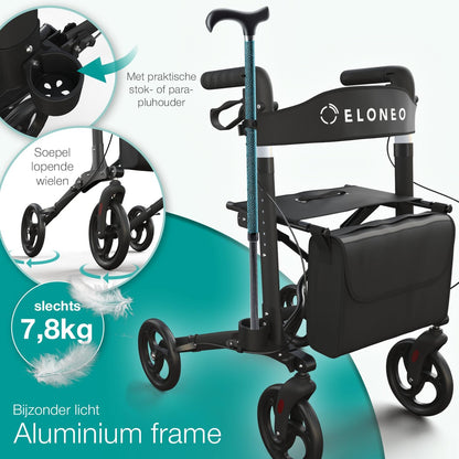 ELONEO Lichtgewicht Rollator met Zitje - Opvouwbare Aluminium Rollator voor Senioren, 8 Verstelbare Hoogtes, 3-voudig Opvouwbaar Loophulpmiddel met Tas & Parapluhouder, Past in Auto (Zwart)