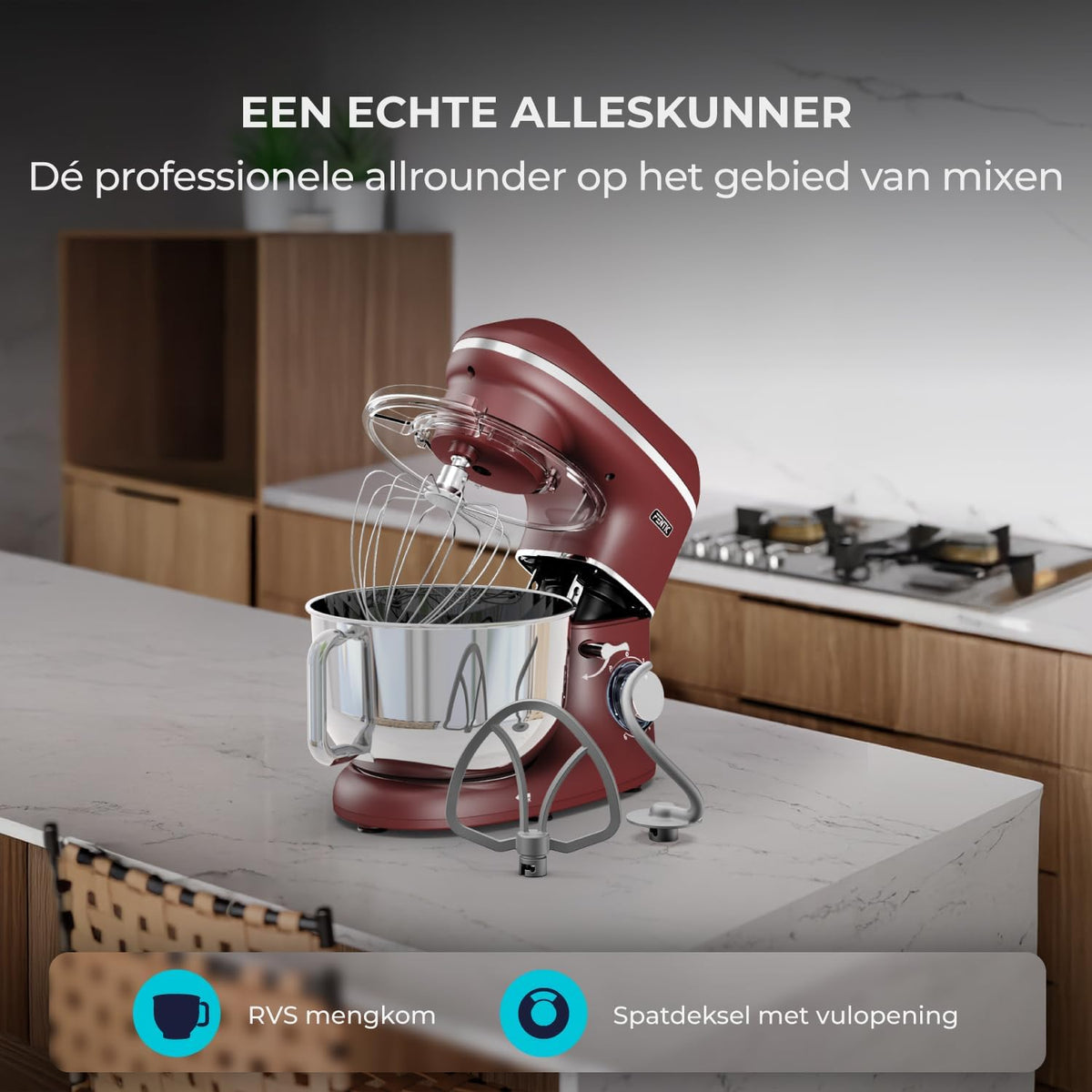 Keukenmachine - 2000W - RVS Mengkom (6,2 L) - Keukenrobot - Mixer met Garde, Deeghaak en Menghaak - Incl. extra Accessoires – Rood