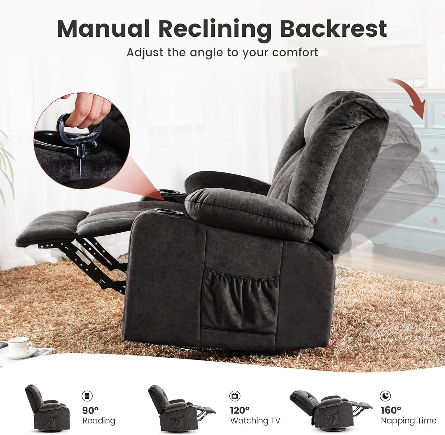 Relaxstoel – Verstelbare Fauteuil – Ligstoel – Loungechair – Draaifauteuil – Met Voetensteun – Ademend Stof – Met Bekerhouders en Opbergruimte – Grijs
