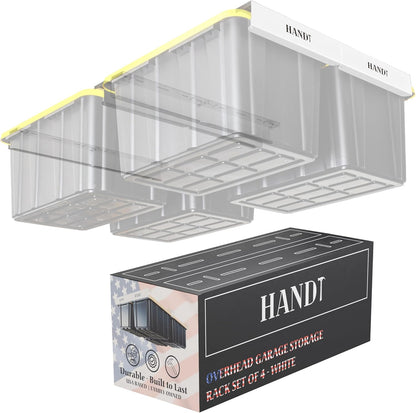HANDT Overhead Garage Opbergrek, Plafond Tote Bin Organisatie Rails Rekken Systeem, Heavy Duty Opknoping Metalen Rek Systemen voor 27 Gallon Container, Ondersteunt de meeste andere Bakken, 4 Sets Wit