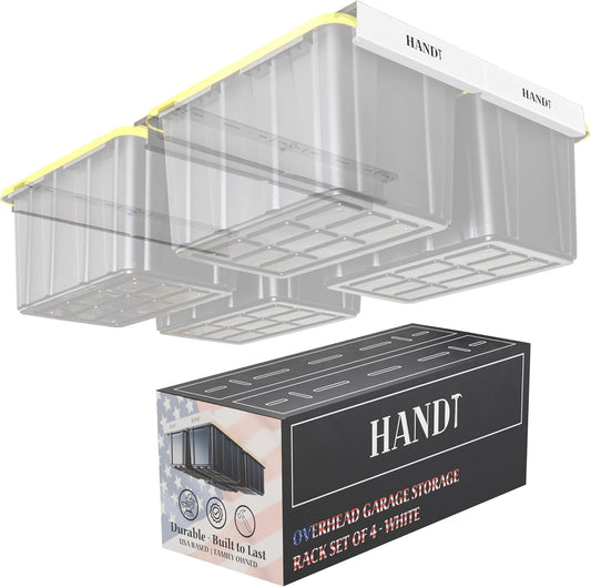 HANDT Overhead Garage Opbergrek, Plafond Tote Bin Organisatie Rails Rekken Systeem, Heavy Duty Opknoping Metalen Rek Systemen voor 27 Gallon Container, Ondersteunt de meeste andere Bakken, 4 Sets Wit