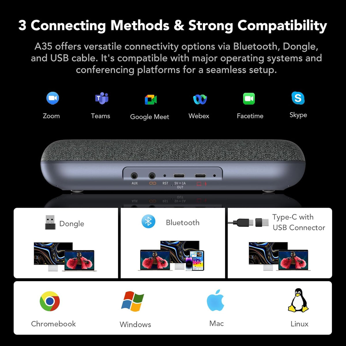 Nuroum A35 conferentieluidspreker en microfoon, AI-aangedreven ruisonderdrukking, 32 kHZ 13 ft Voice Pickup/Daisy Chain, Bluetooth/USB handsfree, compatibel met Zoom/Teams/Google Meet