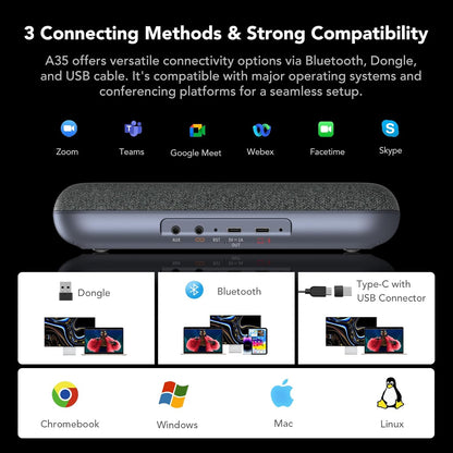 Nuroum A35 conferentieluidspreker en microfoon, AI-aangedreven ruisonderdrukking, 32 kHZ 13 ft Voice Pickup/Daisy Chain, Bluetooth/USB handsfree, compatibel met Zoom/Teams/Google Meet