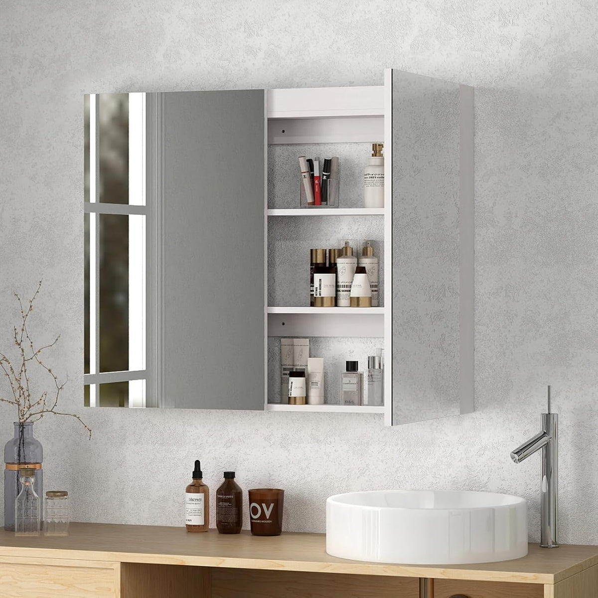 Badkamerkast – Wandkast – Spiegelkast – Medicijnkast – Opbergkast – Dubbele Spiegeldeuren – Extra Groot 90x80x13 cm – Wit Minimalistisch Design