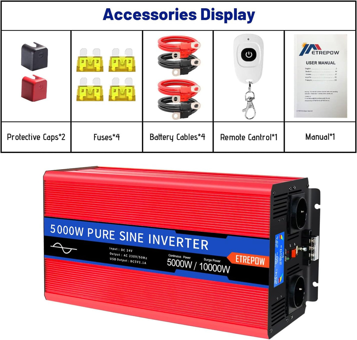 5000w Spanningsomvormer 24v 230v Zuivere Sinusomvormer met 2 EU-aansluitingen en USB, draadloze afstandsbediening, LCD-scherm