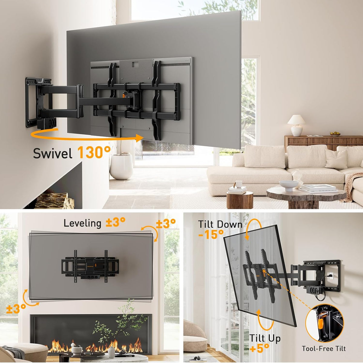 Volledig beweegbare tv muurbeugel met stekkerdoos – Tv beugel – Tv wandbeugel – Tv houder – Tv steun – 42 t/m 90 inch, tot 68 kg – Geïntegreerde stekkerdoos met 3 stopcontacten en 2 USB-poorten
