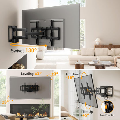 Volledig beweegbare tv muurbeugel met stekkerdoos – Tv beugel – Tv wandbeugel – Tv houder – Tv steun – 42 t/m 90 inch, tot 68 kg – Geïntegreerde stekkerdoos met 3 stopcontacten en 2 USB-poorten