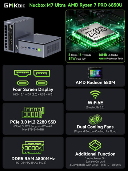 GMKtec Mini PC Gaming, M7 Ultra Ryzen 7 PRO 6850U 32GB DDR5 RAM + 1TB Hard Drive PCle SSD Oculink Dual NIC LAN 2.5G Desktop Computer, Dual USB4, HDMI 2.1, USB-C