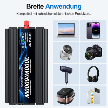 Spanningsomvormer 12v 230v 3000W -Gemodificeerde sinusomvormer 12v naar 230v spanningsomvormer met LCD-scherm, afstandsbediening & USB-aansluitingen EU-aansluiting voor caravans, camping