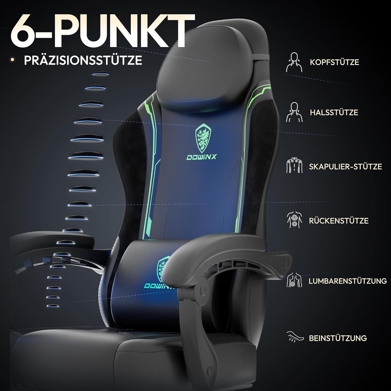 Dowinx Gaming Chair, Racing Gamer Chair, Ergonomic Gaming Chair with Lumbar Support, Gaming Chair, PU Leather, PC Chair, Widened Backrest, 150kg, Green - QUORE