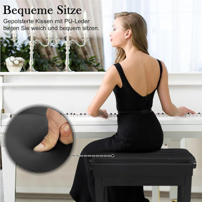 Piano zitbank 56 x 33,5 x 58 cm Verstelbare hoogte met PU leder Gepolsterde zitkussen Opbergruimte Smaak Afbergvak Hocker Zwart