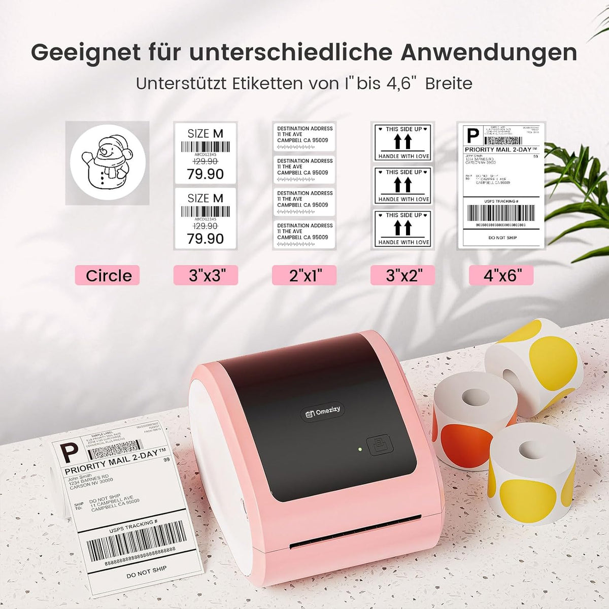 Bluetooth verzendlabelprinter 4x6 - roze draadloze thermische labelprinter voor kleine bedrijven, thermische printer voor verzendlabels, verzendetikettenfabrikant, compatibel met USPS, Amazon