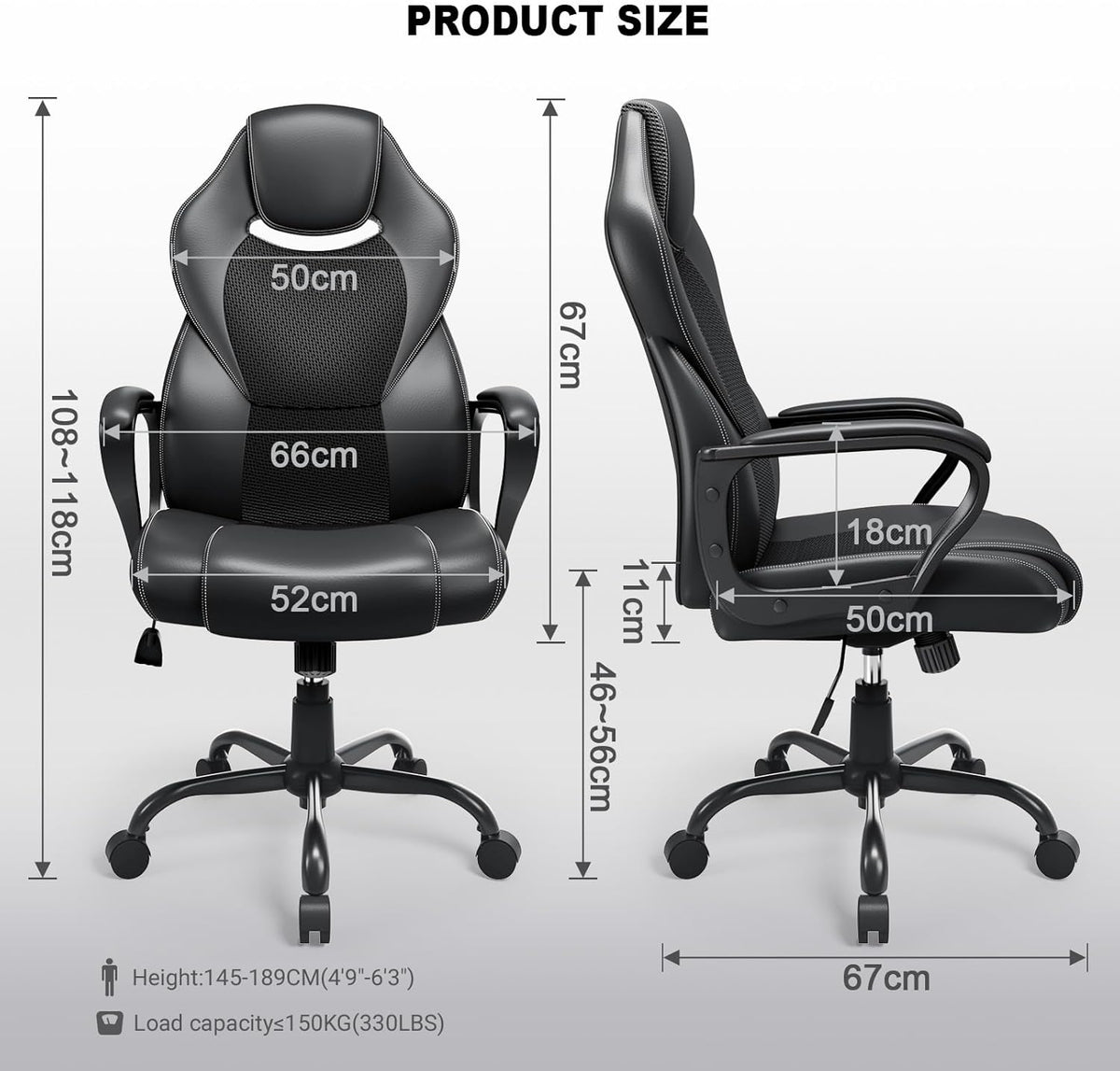 BASETBL Bureaustoel, directiestoel, 150 kg, bureaustoel, bureaustoel, gamingstoel, ergonomisch PU-leer, pc-stoel, draaistoel met zachte gevoerde armleuningen, kantelfunctie, zwart