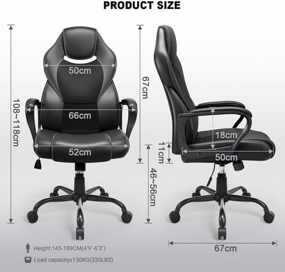 BASETBL Bureaustoel, directiestoel, 150 kg, bureaustoel, bureaustoel, gamingstoel, ergonomisch PU-leer, pc-stoel, draaistoel met zachte gevoerde armleuningen, kantelfunctie, zwart
