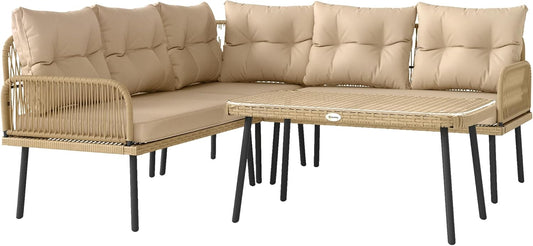 Outsunny Outdoor Garden Furniture Set, Poly Rattan, 5 Seater, 2 Seater Sofas, Corner Chair, Tempered Glass Table and Cushions Included, Garden Furniture for Patio, Balcony, Natural Wood Effect - QUORE
