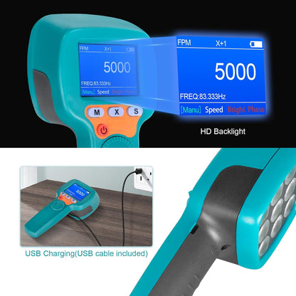Digitale Handstroboscoop 60-99999 FPM, Contactloze LED-stroboscoop YF-DT100B, 1500 lux Stroboscoop-toerenteller met Full-color LCD-scherm, Stroboscopische Snelheidsmeter met 2200 mAh Batterij