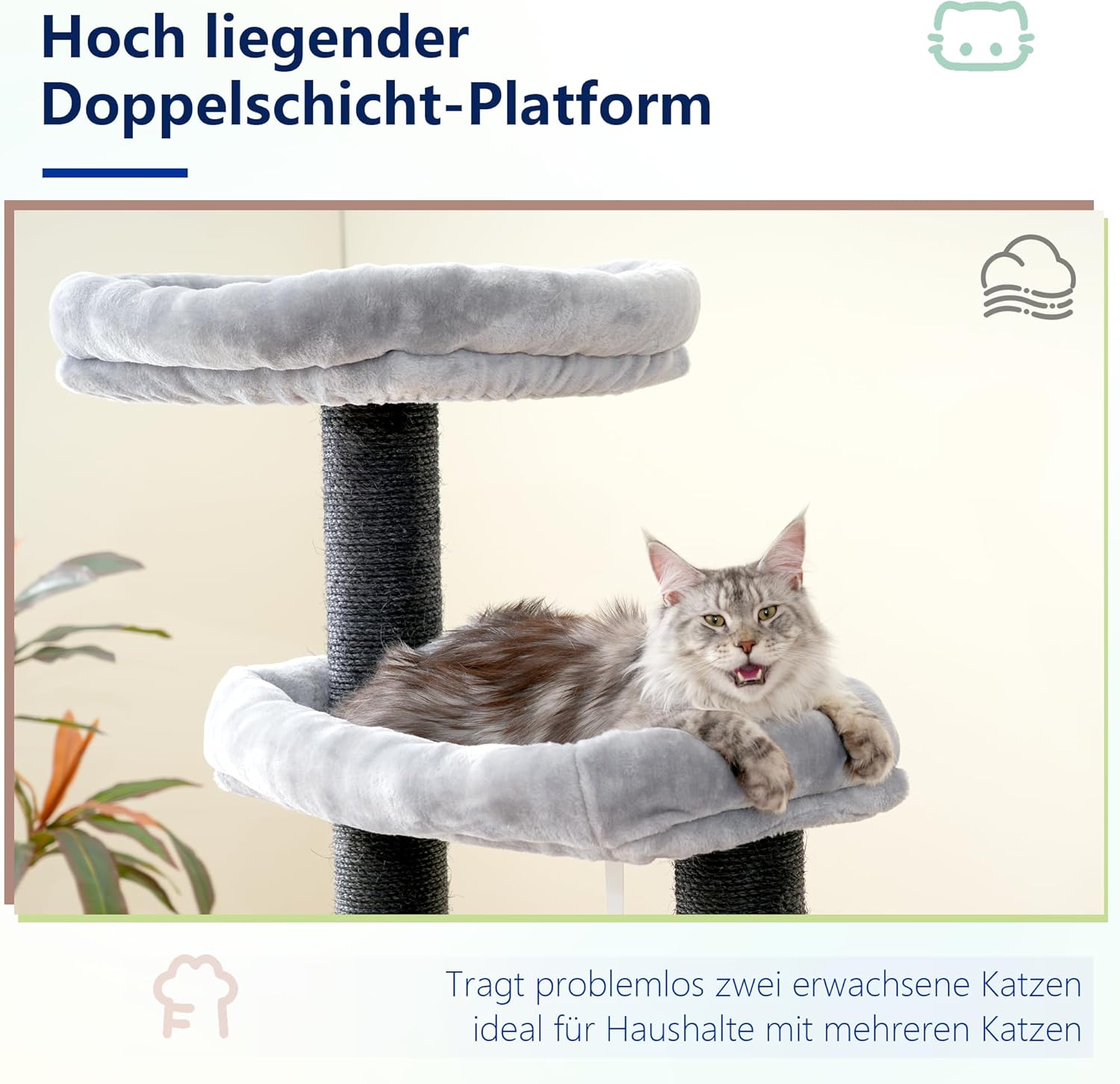 Hey-brother XXL Large Cat Tree for Maine Coon, 168 cm Cat Tree for Large Cats with Extra Large Hammock, Sisal Palissen (φ11 cm) and Climbing Rope, 2 Platforms, Hollow Basket, Light Grey EMPJ01W - QUORE