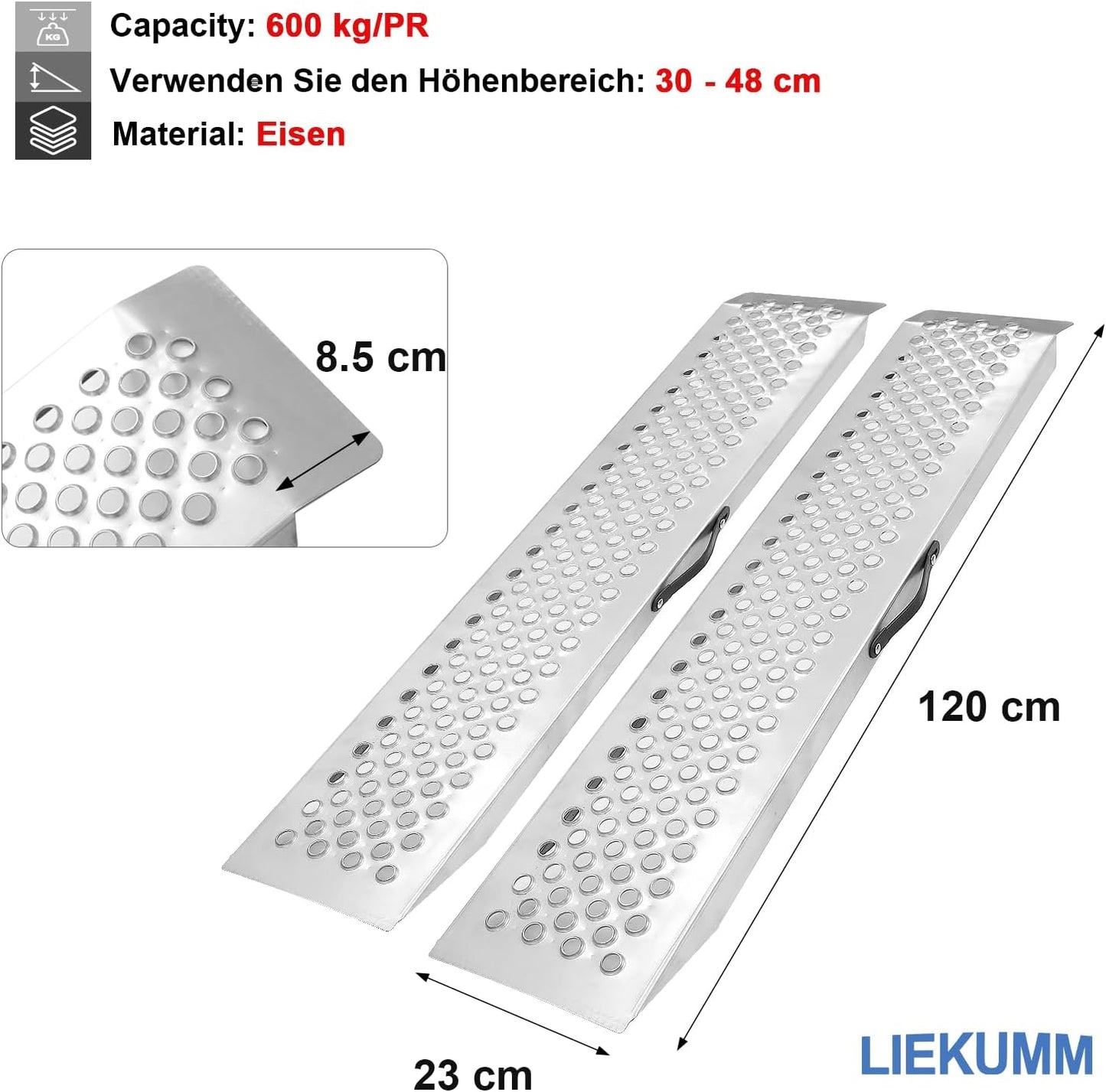 LIEKUMM Oprijplaten, 2 stuks, 120 x 23 cm, capaciteit 600 kg/PR capaciteit, laadbruggen voor motorfiets, ATV, vrachtwagen, quad, grasmaaier, sneeuwblazer, antislip, waterdicht, roestvrij, 2 stuks