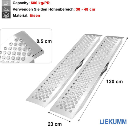 LIEKUMM Oprijplaten, 2 stuks, 120 x 23 cm, capaciteit 600 kg/PR capaciteit, laadbruggen voor motorfiets, ATV, vrachtwagen, quad, grasmaaier, sneeuwblazer, antislip, waterdicht, roestvrij, 2 stuks