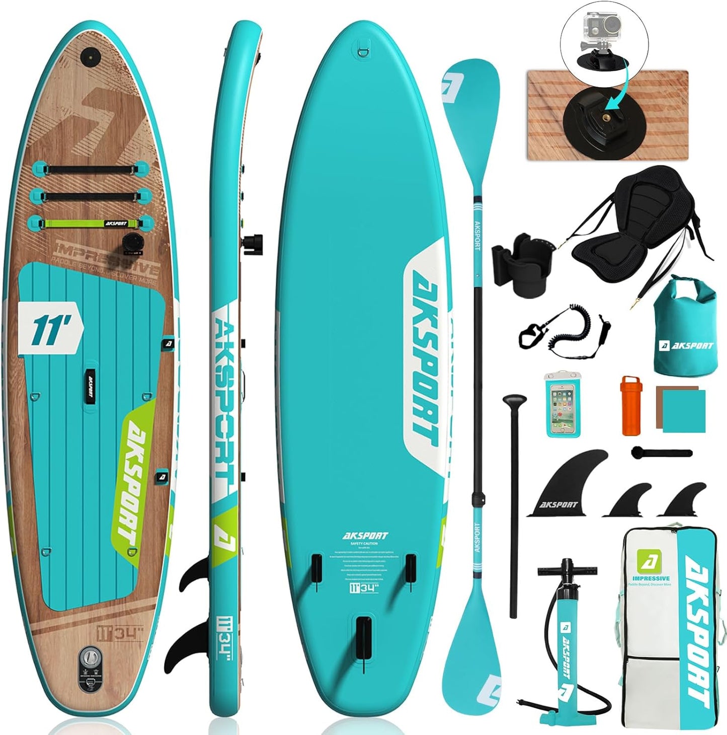 AKSPORT Opblaasbaar stand-up paddleboard, opblaasbaar SUP-board met alle accessoires, breed stabiel design, antislip deck, paddleboard voor jongeren en volwassenen