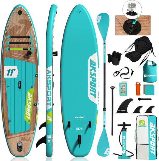 AKSPORT Opblaasbaar stand-up paddleboard, opblaasbaar SUP-board met alle accessoires, breed stabiel design, antislip deck, paddleboard voor jongeren en volwassenen