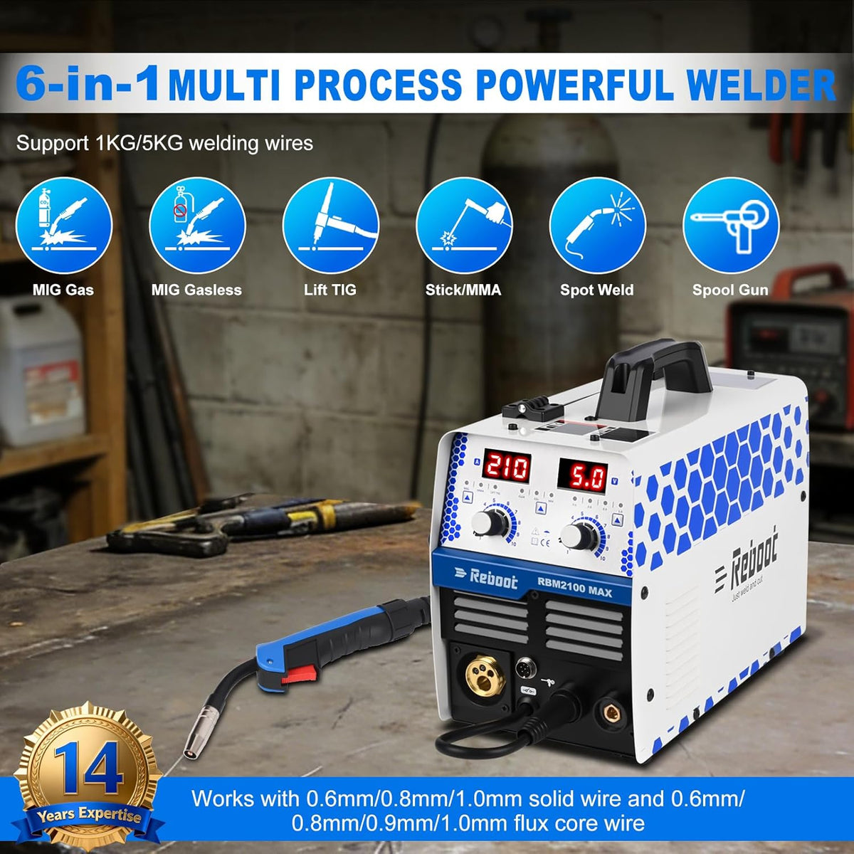 REBOOT 210A 6-in-1 MIG-laser, 220 V, gasloze flux core MIG/elektroden/lift TIG/puntlassen, aluminium multiproces met led-display, compatibel met spoel-gun, RBM2100 MAX