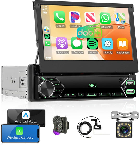 1 DIN Autoradio – Multimedia Radio – DAB+ Radio – CarPlay Radio – Android Auto Radio – 7 Inch Uitschuifbaar Touchscreen – Draadloos CarPlay & Achteruitrijcamera - QUORE