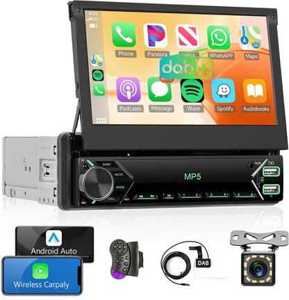 Dutch Brand Draadloze Carplay autoradio 1 Din met DAB+/DAB adapter voor Android Auto 7 inch uitschuifbaar scherm met Mirror Link, Bluetooth, FM- en USB-radio, AUX stuurbediening en achteruitrijcamera