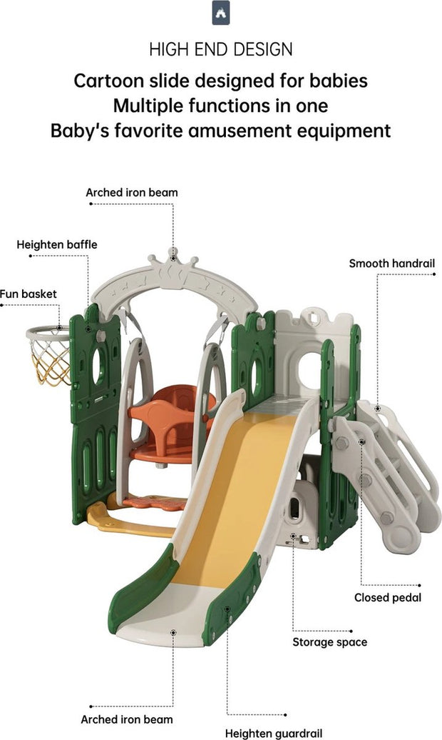Multifunctionele Glijbaan Schommel Combinatie - Glijbaan - Schommel - Basketbalnet - Groen