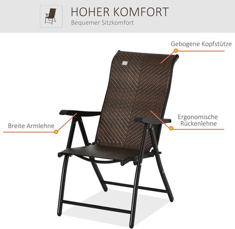 Tuinstoelen - Klapstoel - Vouwstoel - Campingstoel - Buitenstoelen - Verstelbaar Rugleuning - Armleuningen - Opklapbaar - 7-voudig - voor - Terras - Tuin - Camping - PE Rotan - Staal - 58 x 71 x 111 cm - Zwart/Donkerbruin